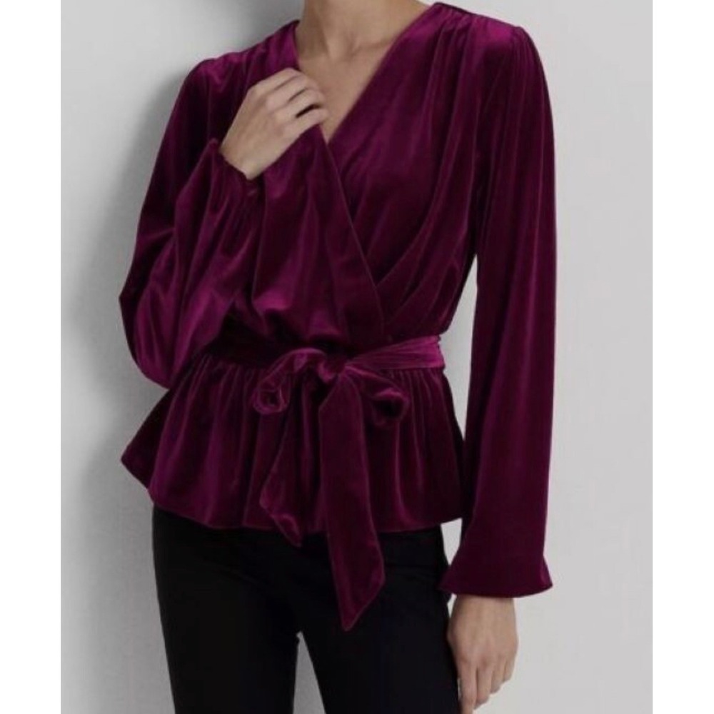 Ralph Lauren Purple Velvet‎ Belted Peplum Wrap Top XL Elegant Luxury Designer